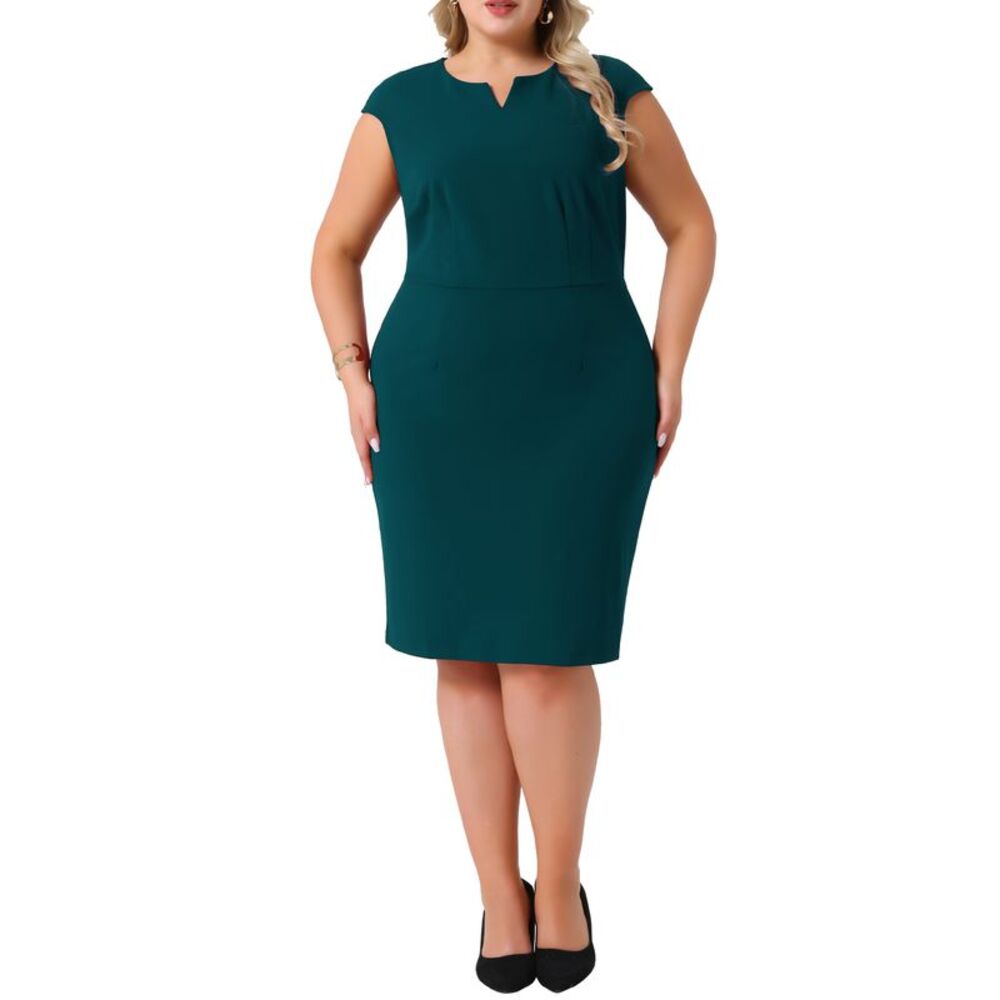Plus Size Notched V Neck Sleeveless Business Pencil Work Dress Dark Green